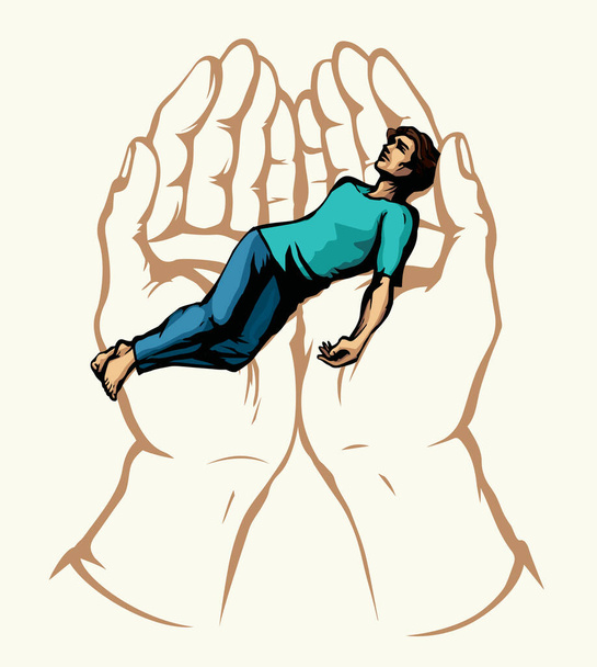 Close up unwell ill sad victim male young teen boy child body believ plead devote arm. Holy Lord bless belief aid catch down safety relax rest drawn guy show line art cartoon bible sketch vector style - Vector, Image