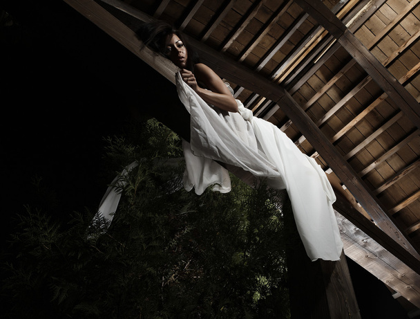 Attractive suntanned girl in white dress poses on a wooden beam. - Foto, afbeelding