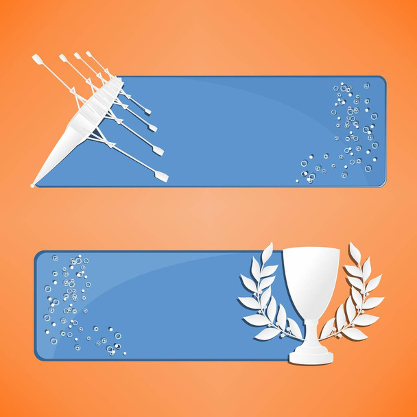 Banderas de remo azul con barco y copa. Ilustración vectorial en estilo de corte de papel - Vector, imagen