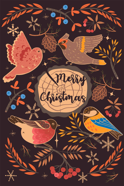 Ευχετήρια κάρτα με χειμερινά πουλιά και την επιγραφή Καλά Χριστούγεννα. Εικόνα διανύσματος. - Διάνυσμα, εικόνα