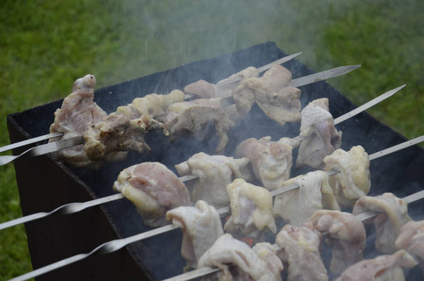 Chicken shish kebab is being prepared. - Fotografie, Obrázek