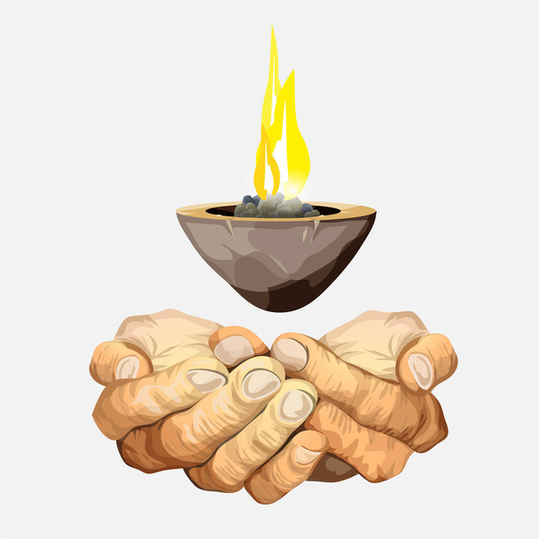 Hands or palms folded together. Magic candlestick hanging in the air. Beautiful sacral candle flame. Cartoon vector illustration isolated. Sticker, symbol, icon for your design. White background. - Vector, Image