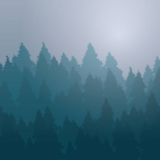 Vector illustration with spruce forest. Yale. Card. Background. A foggy morning. - Vector, Image