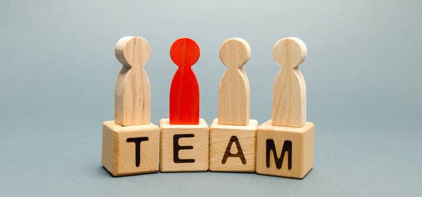 Wooden blocks with the word Team and a crowd of workers with a leader. The concept of a strong reliable business team. Teamwork. Team management. Choosing a new mentor. Wooden figures of people - 写真・画像