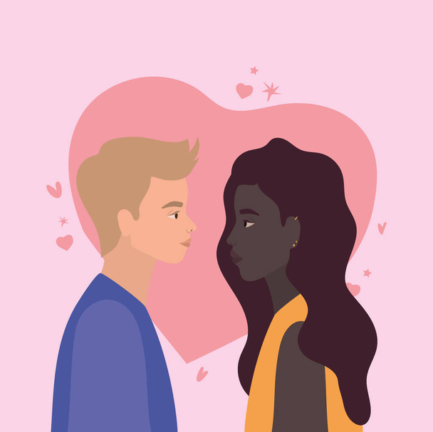 couple of black woman and blond man in side view in front of heart vector design - Vector, Image