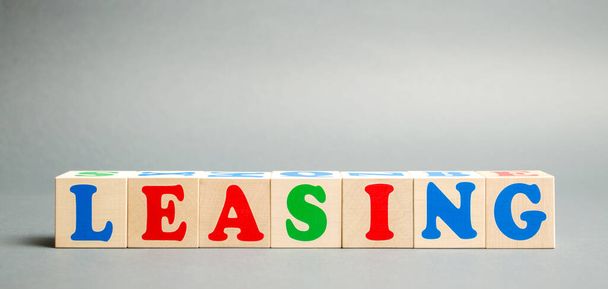 Wooden blocks with the word Leasing. Rental with repurchase rights. Acquisition of expensive goods - transport, real estate. Business and finance concept - 写真・画像