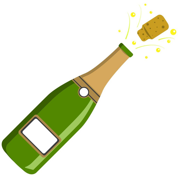 Vektor-Illustration, isoliert geöffnete Flasche Champagner auf weißem Hintergrund. Schlichter flacher Stil. Logo-Konzept. - Vektor, Bild