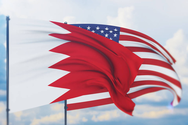 Κυματιστή αμερικανική σημαία και σημαία του Μπαχρέιν. Κλείσιμο προβολής, 3D εικονογράφηση. - Φωτογραφία, εικόνα
