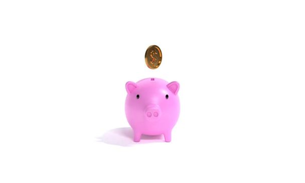 ドル記号で浮動コインと孤立ピンクの貯金箱の3Dレンダリングイラスト画像,将来のためのお金の計画を保存する概念 - 写真・画像