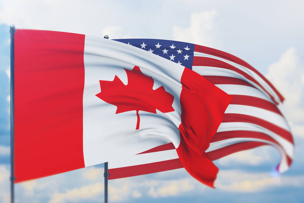 Κυματιστή αμερικανική σημαία και σημαία του Καναδά. Κλείσιμο προβολής, 3D εικονογράφηση. - Φωτογραφία, εικόνα