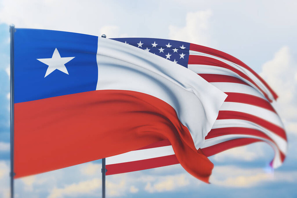 Sventolando bandiera americana e bandiera del Cile. Vista da vicino, illustrazione 3D. - Foto, immagini