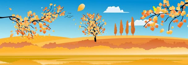 Horozontal sztandar Jesienny krajobraz ze wzgórzami, drzewami i opadającymi liśćmi, zachmurzone błękitne niebo - Wektor, obraz