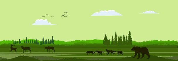 Paisagem vetorial verde com silhuetas de montanhas, árvores, cervos, lobos embalar e urso. Banner horizontal - Vetor, Imagem