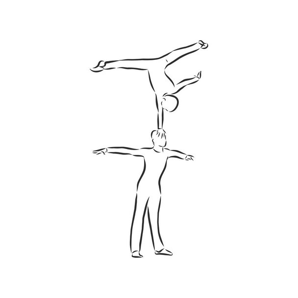Акробатика, баланс, производительность, концепция сотрудничества. Ручные рисованные акробаты, выступающие на эскизе сцены. Изолированная векторная иллюстрация, акробатика, векторный эскиз - Вектор,изображение
