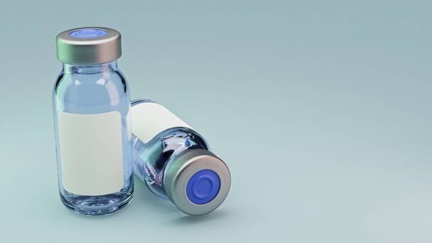 Couple of vaccine glass vials on cyan background. 3D illustration mockup with right copy space - Photo, Image