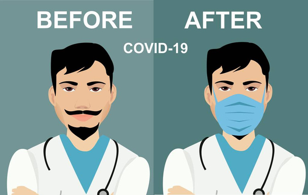 男性医師アバター。そうだ。医療用の銃やフェイスマスクの男の文字、マスクなしでコロナウイルスの流行状況の前と後のパンデミック。ベクターイラスト - ベクター画像