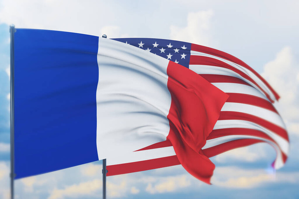 Acenando bandeira americana e bandeira da França. Vista de perto, ilustração 3D. - Foto, Imagem