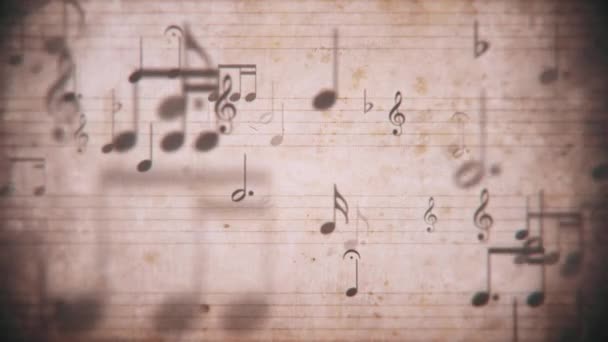 Vintage bladmuziek notatie manuscript met notenbalken en zachtjes bewegende muzieknoten. Deze retro, grunge stijl motion achtergrond is een naadloze lus. - Video