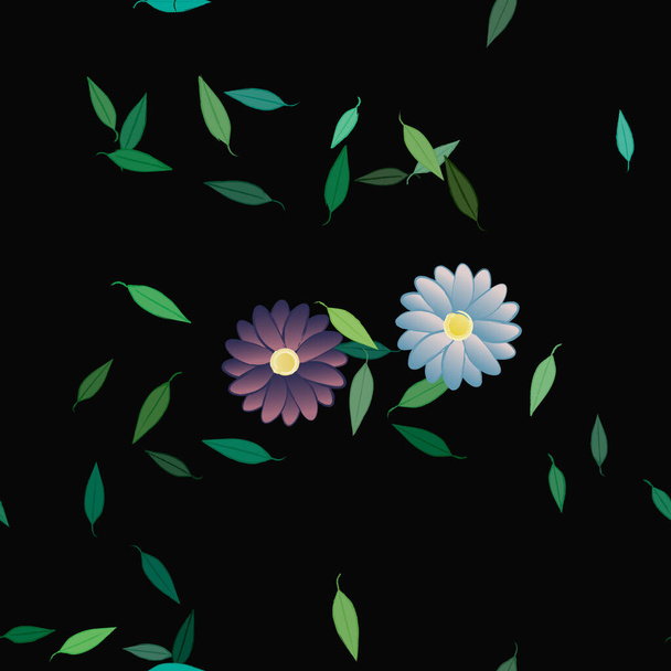 όμορφη σύνθεση με απλά χρωματιστά λουλούδια και πράσινα φύλλα στο παρασκήνιο, διανυσματική απεικόνιση - Διάνυσμα, εικόνα