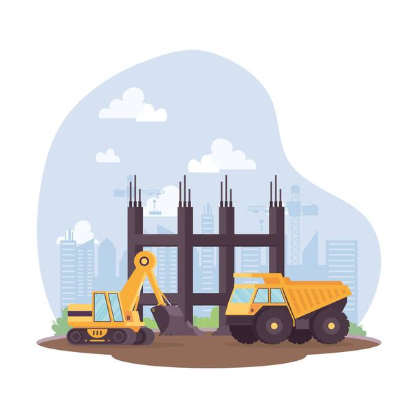 construction dump and excavator vehicles in workplace scene - Vector, Image