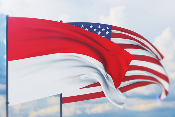 Zwaaiende Amerikaanse vlag en vlag van Indonesië. Close-upweergave, 3D-illustratie. - Foto, afbeelding