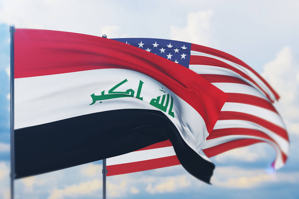 Κυματιστή αμερικανική σημαία και σημαία του Ιράκ. Κλείσιμο προβολής, 3D εικονογράφηση. - Φωτογραφία, εικόνα