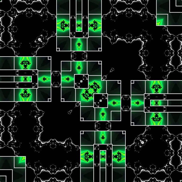 Siyah zemin üzerinde beyaz labirent tipi ızgara ile neon yeşil geometrik simetrik desenler birçok varyasyon - Fotoğraf, Görsel