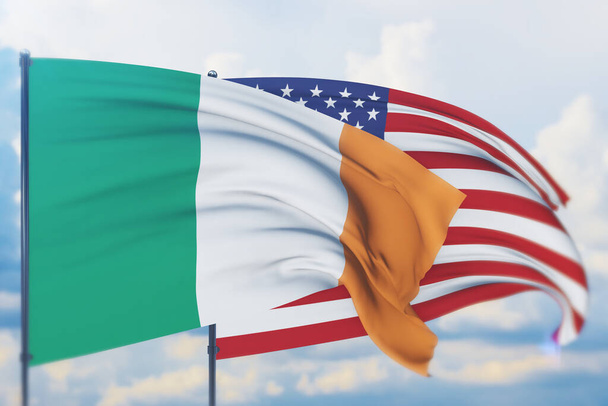 Zwaaiende Amerikaanse vlag en vlag van Ierland. Close-upweergave, 3D-illustratie. - Foto, afbeelding