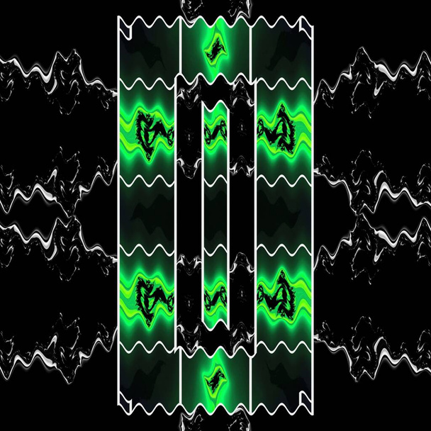 muchas variaciones en los patrones geométricos simétricos de color verde neón sobre fondo negro con cuadrícula de tipo laberinto blanco - Foto, imagen