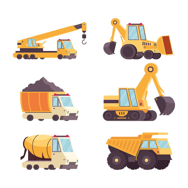sei veicoli da costruzione set di attrezzature icone di raccolta - Vettoriali, immagini