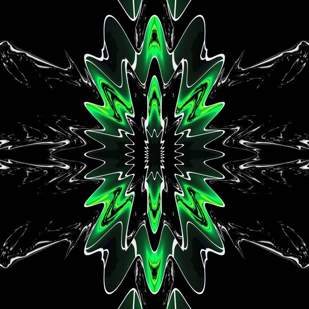 Siyah zemin üzerinde beyaz labirent tipi ızgara ile neon yeşil geometrik simetrik desenler birçok varyasyon - Fotoğraf, Görsel