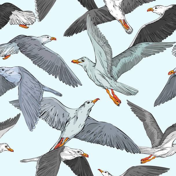 Seamless background with hand drawn seagulls against blue sky - Vettoriali, immagini