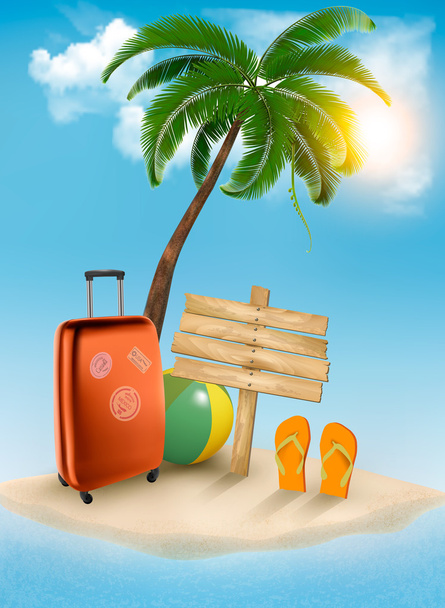 rekreační zázemí. pláž s palm tree, kufr a překlopit flo - Vektor, obrázek