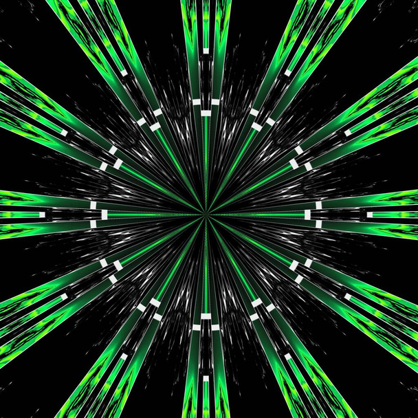 muchas variaciones en los patrones geométricos simétricos de color verde neón sobre fondo negro con cuadrícula de tipo laberinto blanco - Foto, Imagen