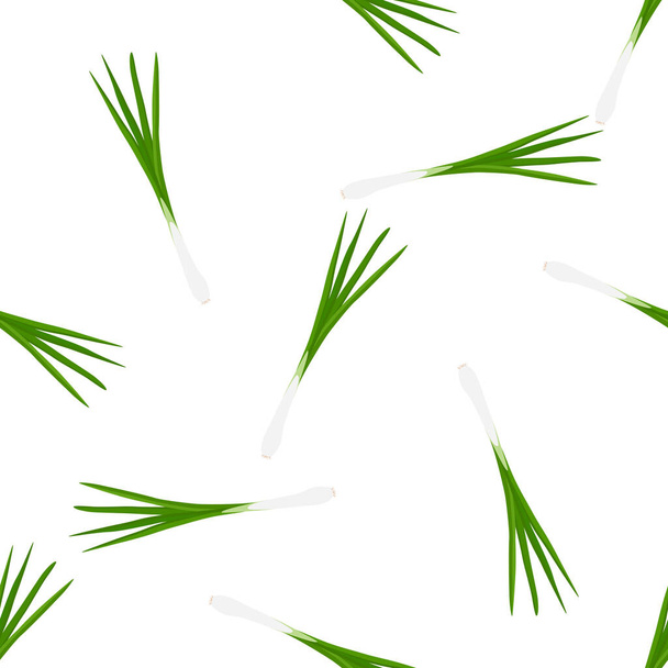 Ilustración sobre el tema de la cebolla verde patrón brillante, raíz vegetal para el sello. Patrón vegetal que consiste en hermosa cebolla verde, muchas raíces. Patrón vegetal colorido simple de cebolla verde raíz. - Vector, imagen