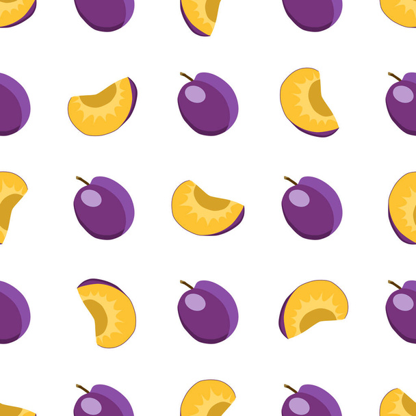 Ilustración en el tema ciruela púrpura inconsútil de color grande, patrón de fruta brillante para el sello. Patrón de fruta que consiste en ciruela sin costura hermosa repetición. Fruta de patrón colorido simple de ciruela sin costura. - Vector, Imagen