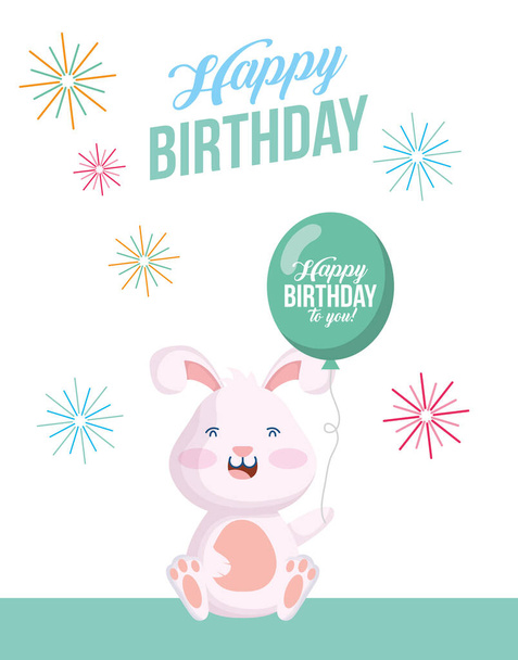щаслива листівка на день народження з кроликом та гелієм на повітряній кулі
 - Вектор, зображення
