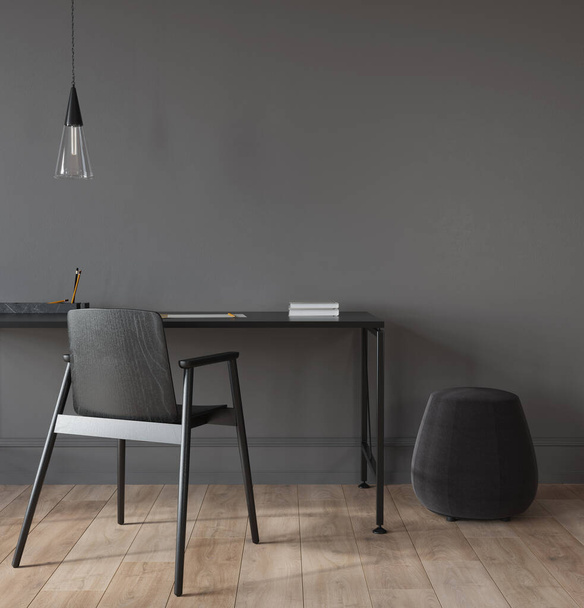 Het interieur van het kantoor of huiskast in donkergrijs in een minimalistische stijl met een stijlvolle kroonluchter, metalen tafel, houten stoel en poef / 3D illustratie, 3d render  - Foto, afbeelding