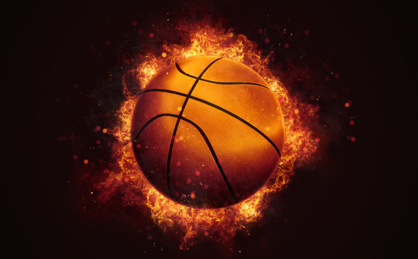Flying basketbal in brandende vlammen close-up op donkerbruine achtergrond. Klassieke sportuitrusting als conceptuele 3D illustratie. - Foto, afbeelding