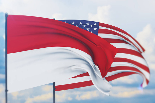 Zwaaiende Amerikaanse vlag en vlag van Monaco. Close-upweergave, 3D-illustratie. - Foto, afbeelding