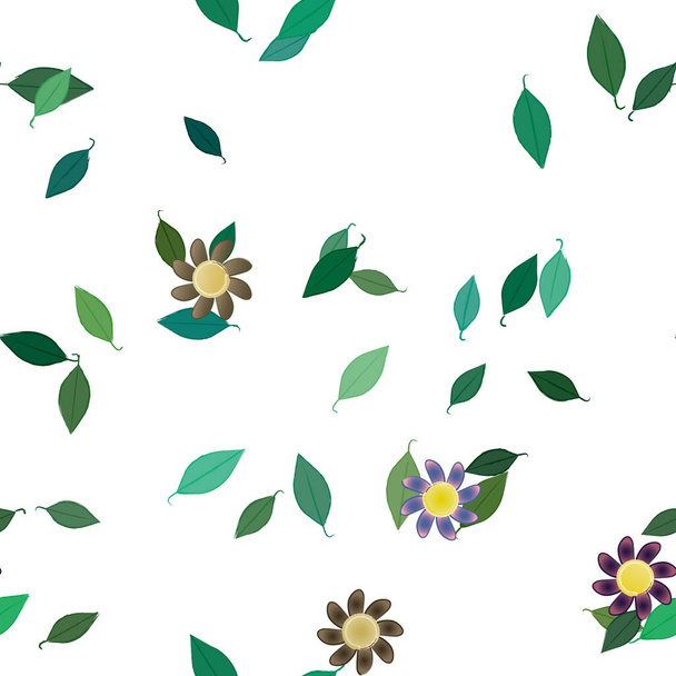 простые цветы с зелеными листьями в свободной композиции, векторная иллюстрация - Вектор,изображение