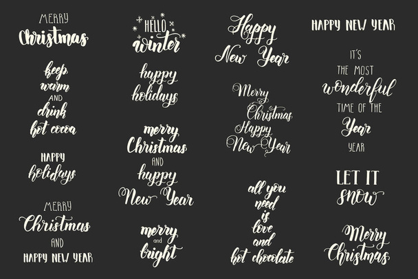 Hand made Set of lettering Xmas phrase. Merry Christmas and Happy New Year. Festive lettering phrase on white.  - Vector, Image