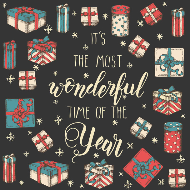 Vector greeting background with Hand drawn Set of gifts, packages and hand made quote "It's the most wonderful time of the year". Lettering. Sketch. Merry Christmas and happy New Year. - Vector, Image