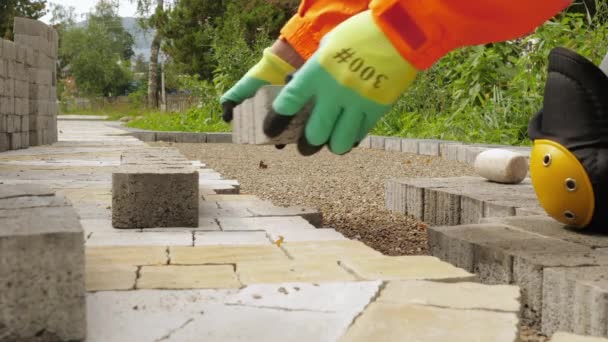 Stavební dělník dělá nový chodník chodník s kamennými cihlami - Záběry, video