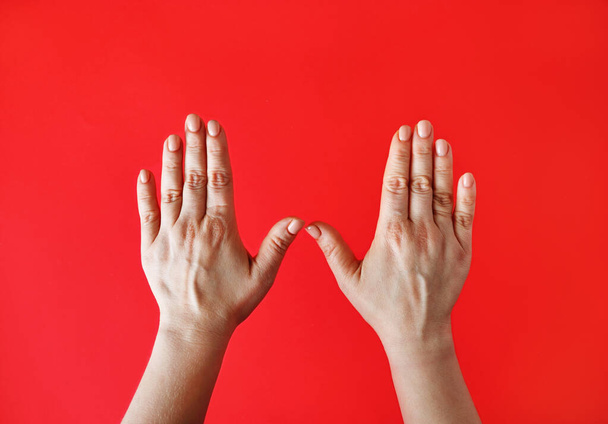 Vrouwelijke handen op rode achtergrond. Handpalmen voor vrouwen. - Foto, afbeelding