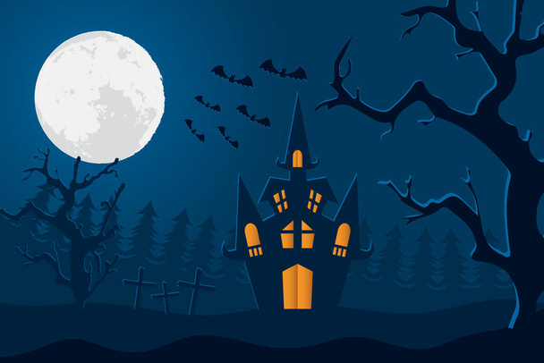 happy halloween card with castle and moon in cemetery scene - Vector, Image