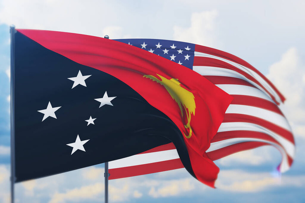 Waving American flag and flag of Papua New Guinea. Closeup view, 3D illustration. - Photo, Image