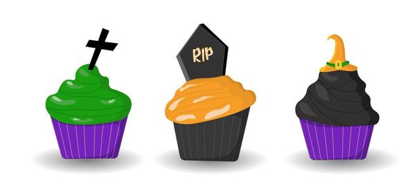 Halloween-Leckereien. Muffins oder Cupcakes sind schrecklich. Kuchen. Gruselige Charaktere. Halloween-Rezepte. - Vektor, Bild