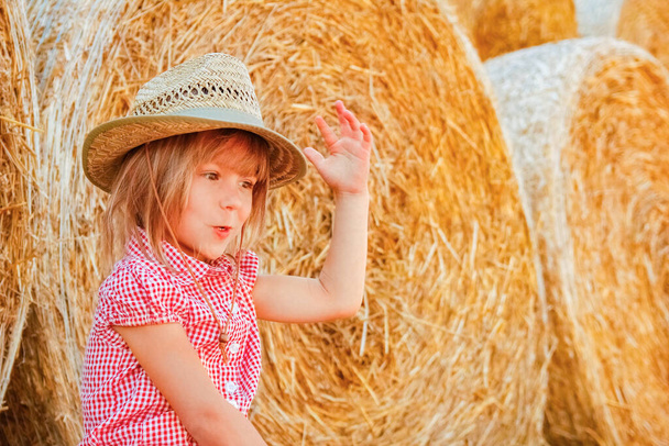 Baby girl on a haystack happy on the field. Background with children a joyful childhood. - Foto, Imagem