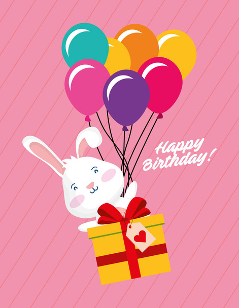 щаслива листівка на день народження з кроликом і подарунком з плаваючою кулею гелієм
 - Вектор, зображення